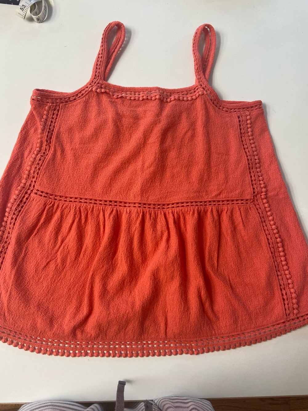 Time + Tru Coral Textured Tank Top with Lace Pompom Trim worn once womens size S